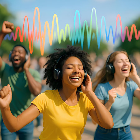 happy african american girl in headphones listening to music with friendsの素材