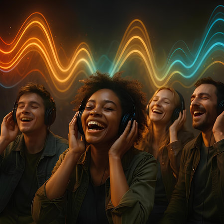 Group of young multiethnic people listening to music with headphones.の素材