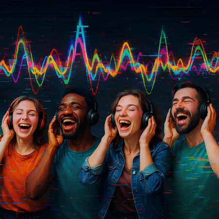 Group of happy young people listening to music with headphones. music conceptの素材