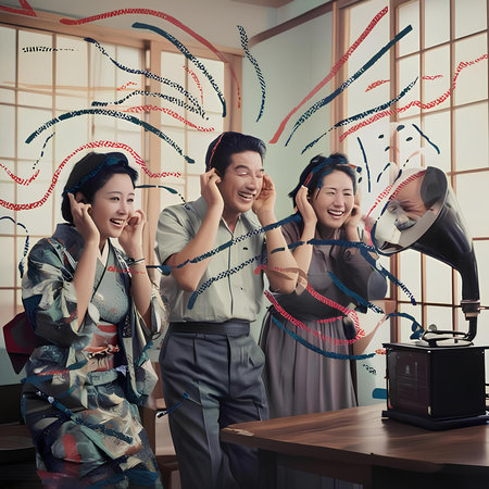 Group of asian business people having fun while listening to music.の素材