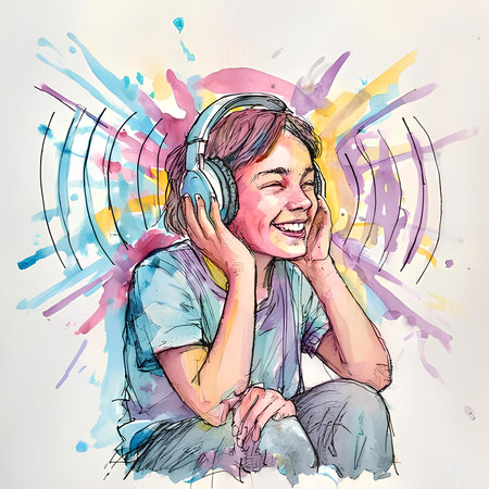 Happy young man listening to music on headphones. Hand drawn illustration.の素材