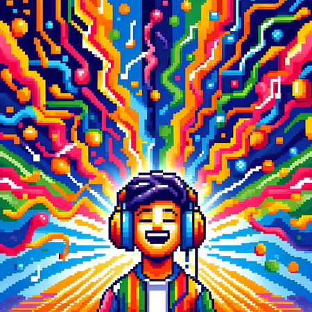 Colorful pixel art video game player with headphones. Vector illustration.の素材
