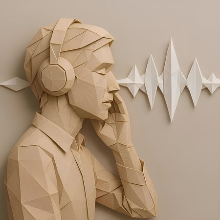 Paper art of a woman listening to music with headphones. 3d renderingの素材