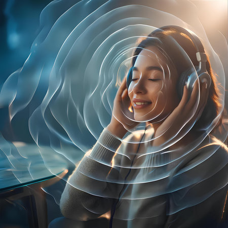 Beautiful young woman listening to music with headphones at home. Toned imageの素材