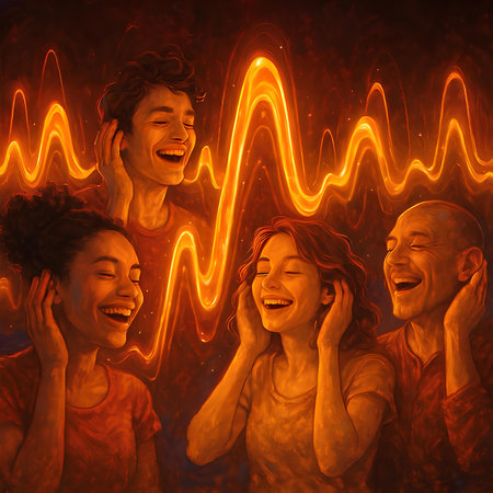 3d illustration of a group of people listening to music with a sound waveの素材