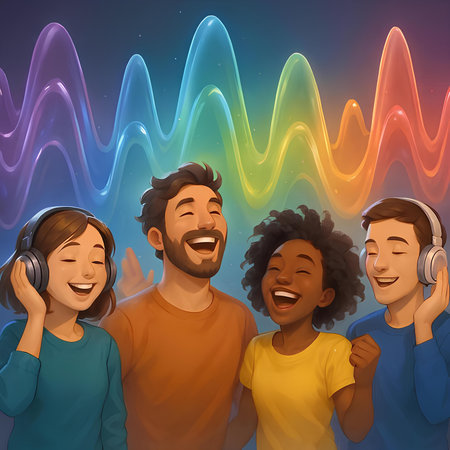 Group of people listening to music with headphones. Vector cartoon illustration.の素材