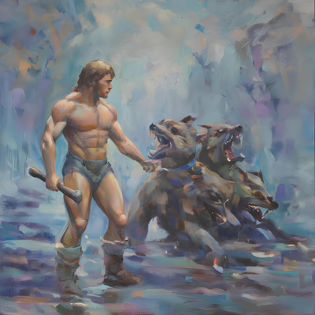 Digital painting of a man with a dog and a hammer in his handの素材