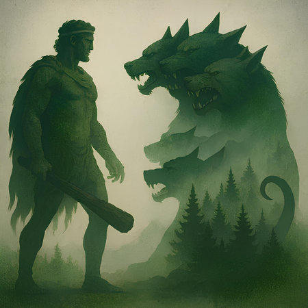 Vintage illustration of an ancient warrior and a dragon in the forestの素材