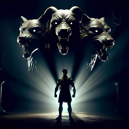 3D illustration of a female warrior with a wolf head in the darkの素材