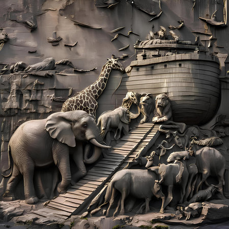 Sculpture of elephant, giraffe, ship and boat on a wallの素材