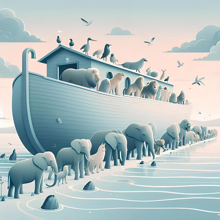 Conceptual image of a group of elephants with an old ship.の素材