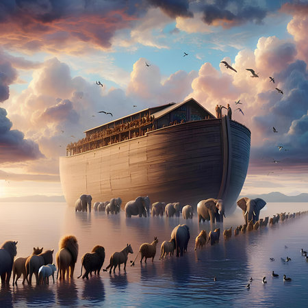 Flock of sheep and a ship in the ocean at sunset.の素材