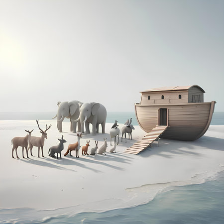 Wooden boat and animals on the beach. 3d render.の素材