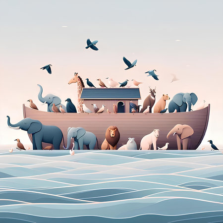 Vector illustration of a boat with wild animals in the sea. Cartoon style.の素材