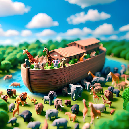 Miniature people with wooden ship on green meadow. 3d renderingの素材