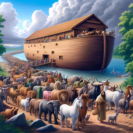Wooden ship on the lake with a herd of sheep and goatsの素材
