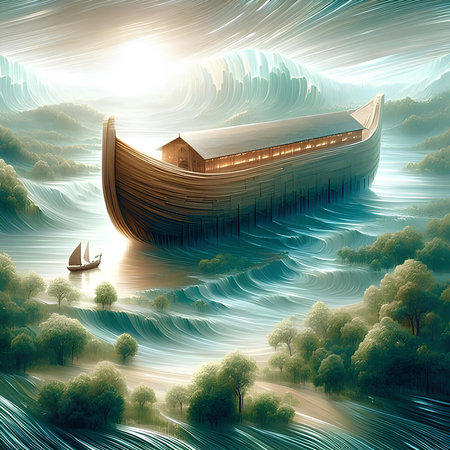 Fantasy landscape with a wooden boat in the middle of the seaの素材