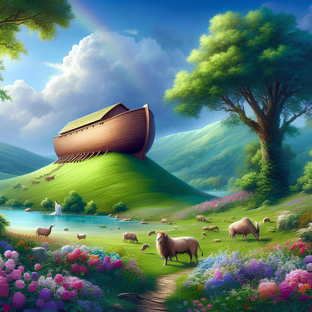 Sheep grazing in the meadow with a wooden boat on the hillの素材