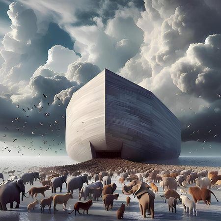 Conceptual image of a large warehouse with many sheep and birdsの素材
