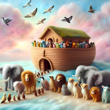 Easter holiday concept with eggs in wooden basket and group of animalsの素材