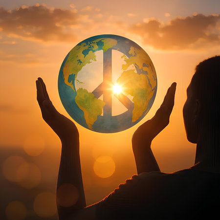 Silhouette of woman hands holding Earth globe on sunset background.の素材