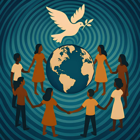 People around the world with a dove of peace. Vector illustration.の素材