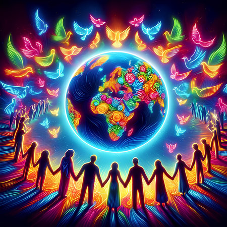 Illustration of a group of people holding hands around the earth.の素材