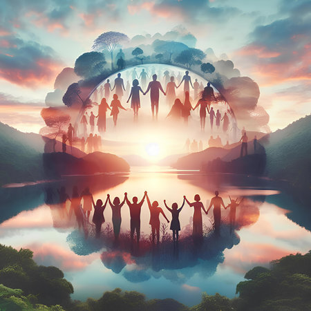 Silhouette of family at sunset in the lake. Vector illustration.の素材