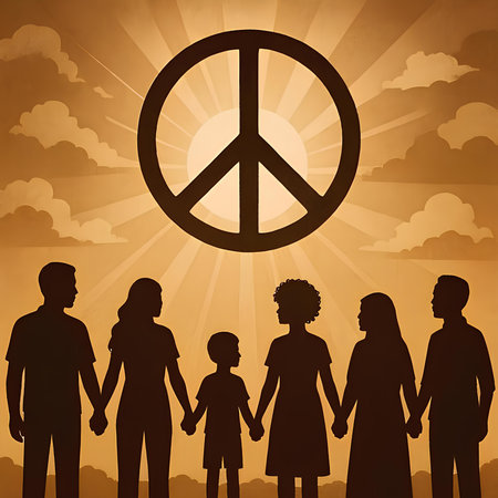 Silhouette of a family with a peace symbol in the backgroundの素材
