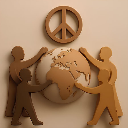 World peace concept, 3d render, orange people with peace symbolの素材