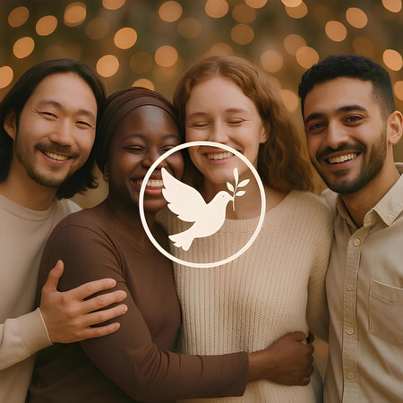 International Day of Peace. Group of multiethnic friends hugging each other and looking at camera with peace dove symbolの素材