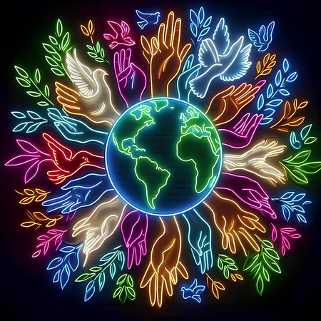 International Day of Peace. Vector illustration of the hands of the Earth.の素材