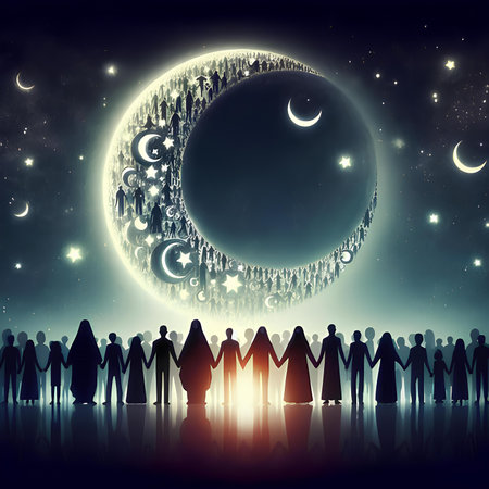 Silhouettes of business people in front of night sky with moonの素材