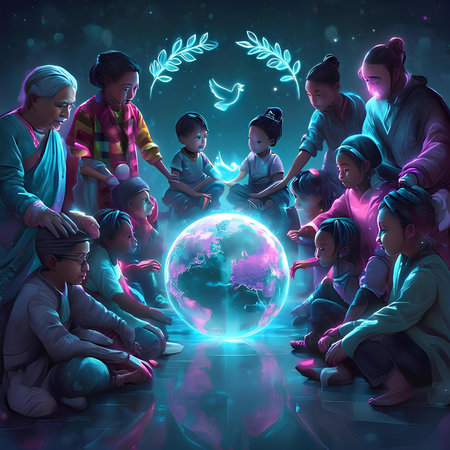 Group of children playing with planet earth in the night. Elements of this image furnished by NASAの素材