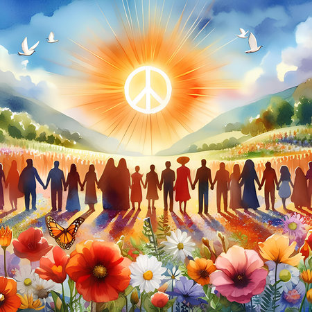 People in the meadow with flowers and butterflies. Vector illustration.の素材