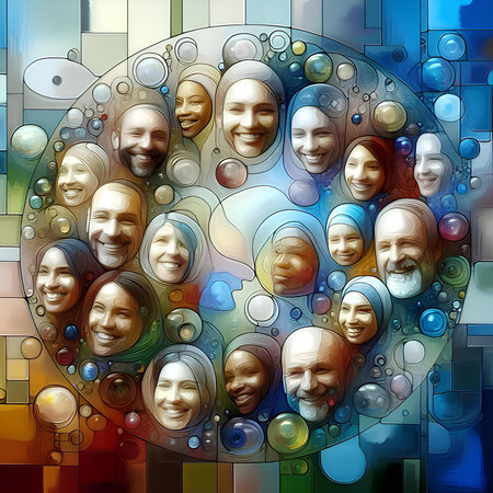 Colorful stained glass illustration of a group of people in a circleの素材
