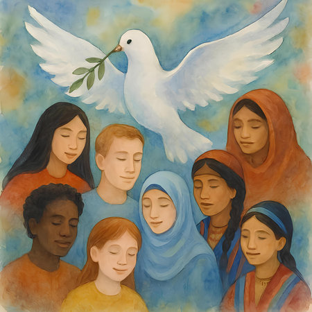 Blessed Virgin Mary with her children and a dove of peaceの素材