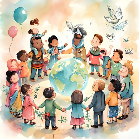 International Day of Peace. Vector illustration of a group of children around the globe.の素材