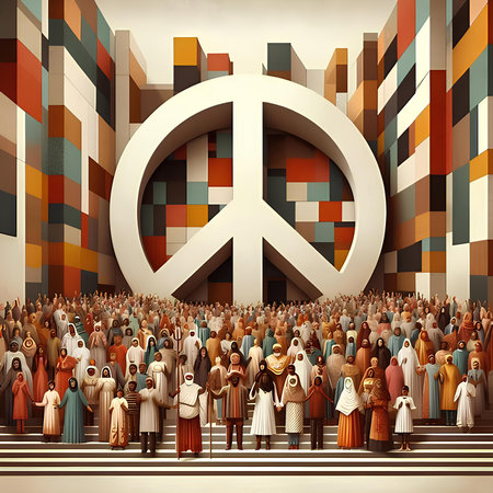Conceptual illustration of a crowd of people with a peace sign in front of a mosqueの素材
