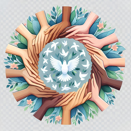 Hands with a dove in a circle of flowers. Vector illustration.の素材