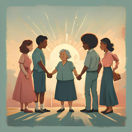 Group of women holding hands in front of the sun. Vector illustration.の素材