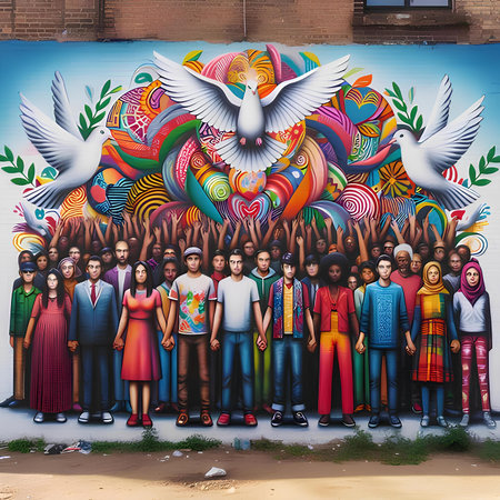 Dove and people in front of a colorful wall in the cityの素材