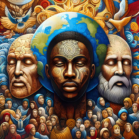 Jesus Christ faces with the earth and the people around him. Vector illustration.の素材