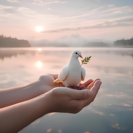 White dove in the hands of a child against the background of the lakeの素材