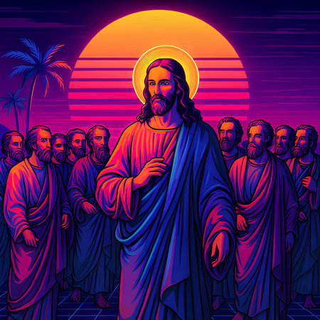 Jesus Christ on the background of the sun. Vector illustration in retro styleの素材