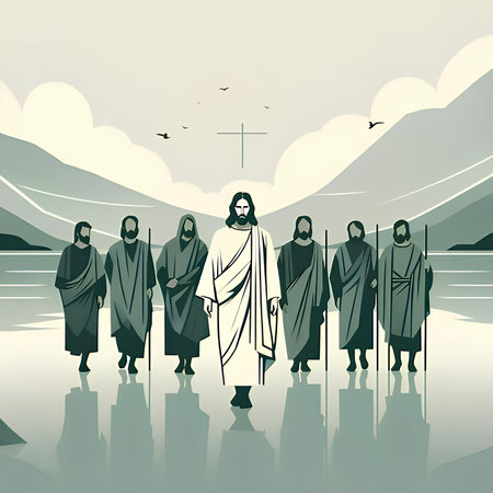 Jesus Christ and the Holy Family in the water, vector illustration.の素材
