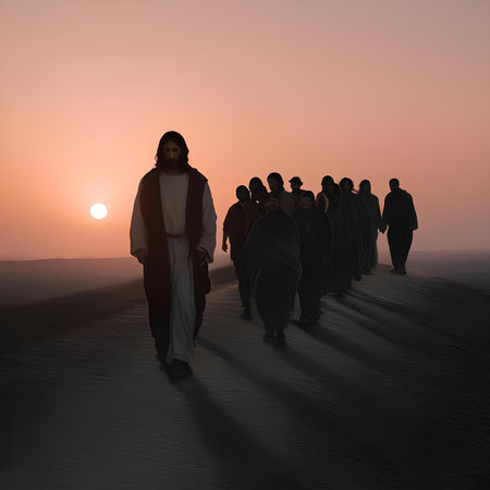Silhouettes of people walking in the desert. 3d renderingの素材
