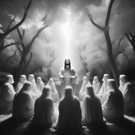 Jesus Christ in the forest, 3d render, black and whiteの素材