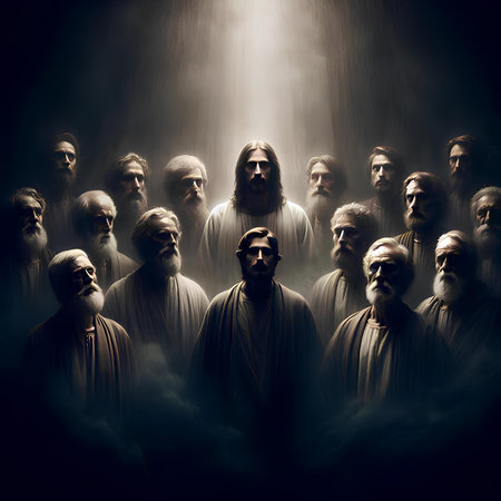 Jesus Christ in a crowd of people with light rays and smoke.の素材