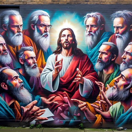 Jesus Christ mural in Barcelona, Spain.の素材